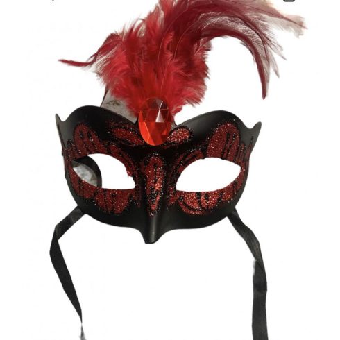 Maska-Venetian Mask Red with Red Stone and Feather -20-BR248RED