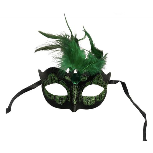 Maska-Venetian Mask Green with Green Stone and Feather -20-BR24GREEN