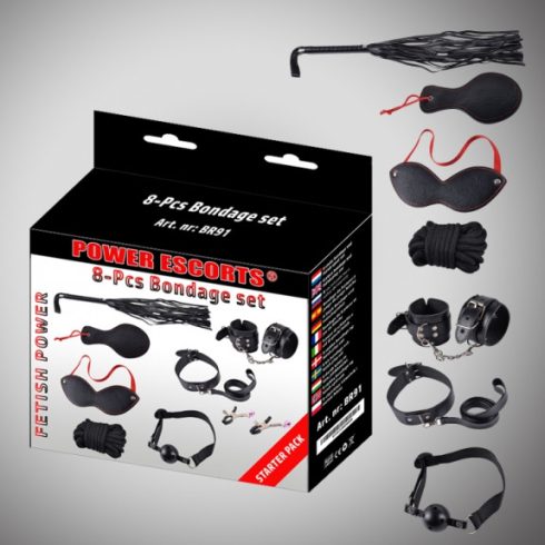 Bondage set 8 pcs black cuffs / collar/ mask/ whipp/ clamps/rope etc 20-BR91-BLACK